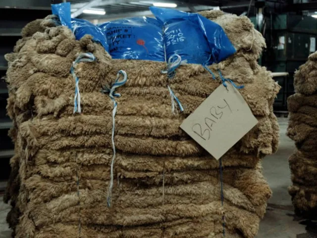 A tall pile of bundled lambskins with a note saying "Baby".